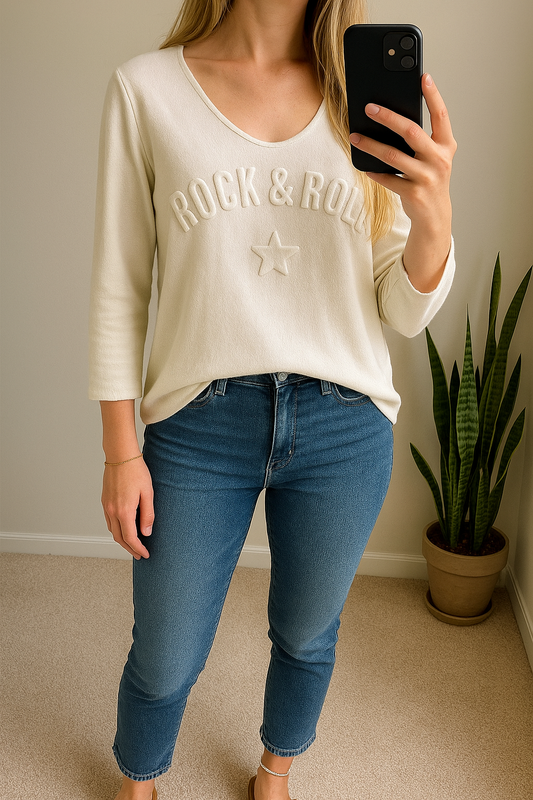 Pull blanc “Rock & Roll” en viscose Made in Italy T.U