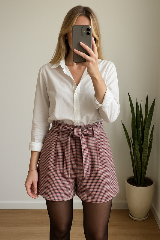 Short à motif pied-de-poule rose, blanc et noir T.36