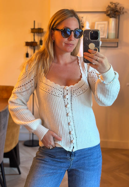 Pull Moira maille ajourée écru en laine mérinos et coton bio T.36