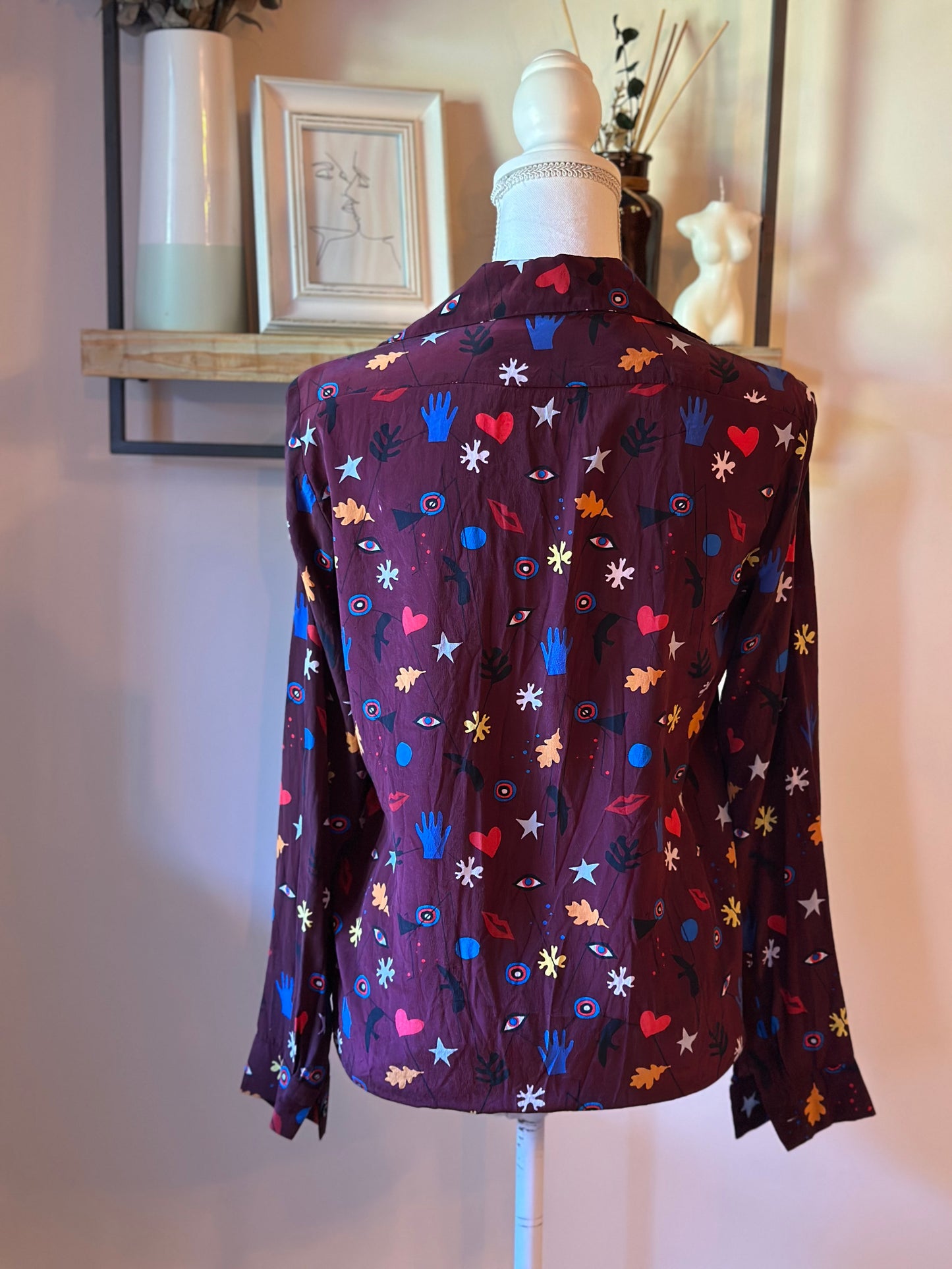 Chemise à motifs  imprimée en soie bordeaux multicolore T.36