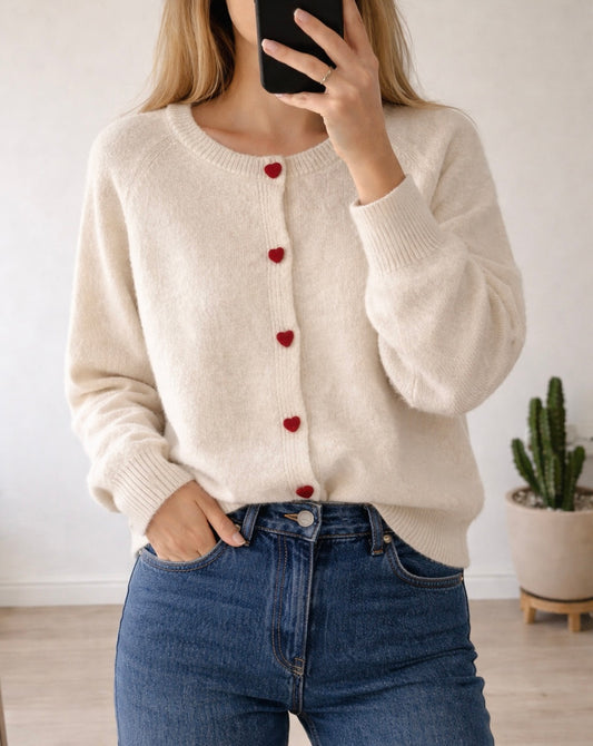 Cardigan blanc en maille laine, boutons cœur rouge, T.U neuf