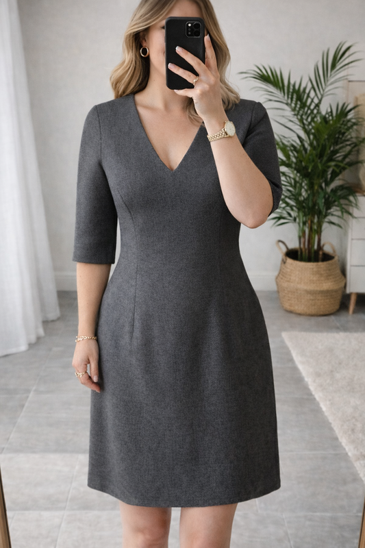 Robe mi-longue col V gris chiné en laine T.38