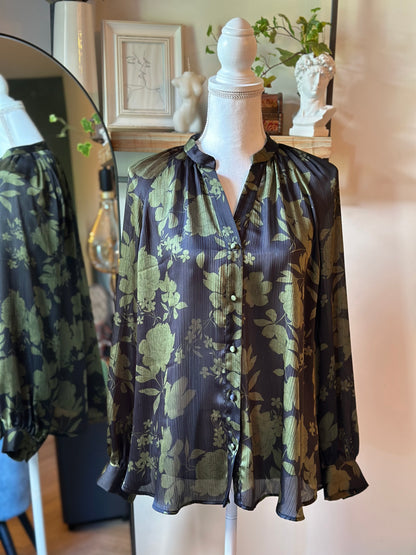 Blouse fluide motif fleurie kaki T.38