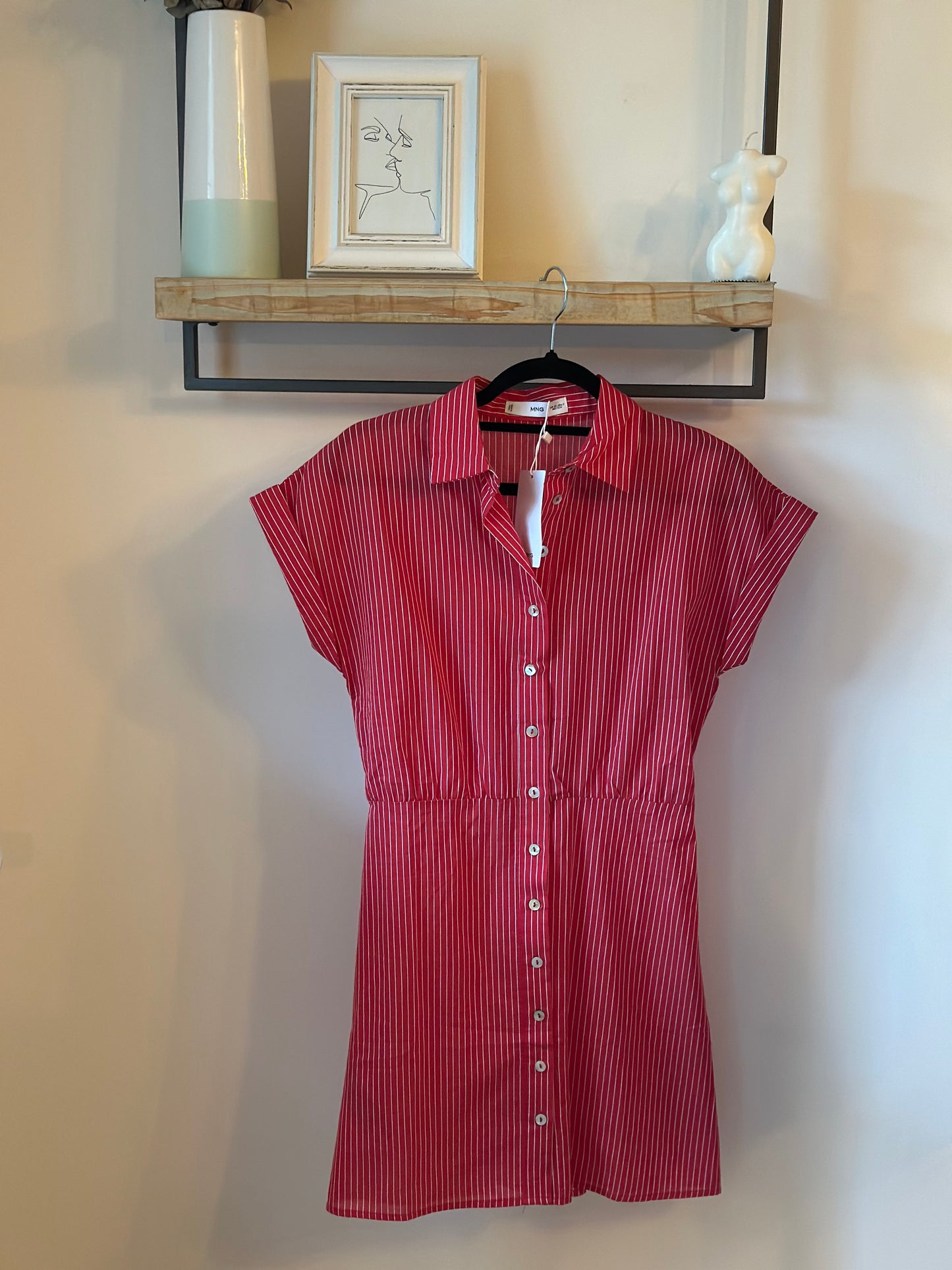 Robe chemise rayée rouge coton lyocell T.34 neuf avec étiquette