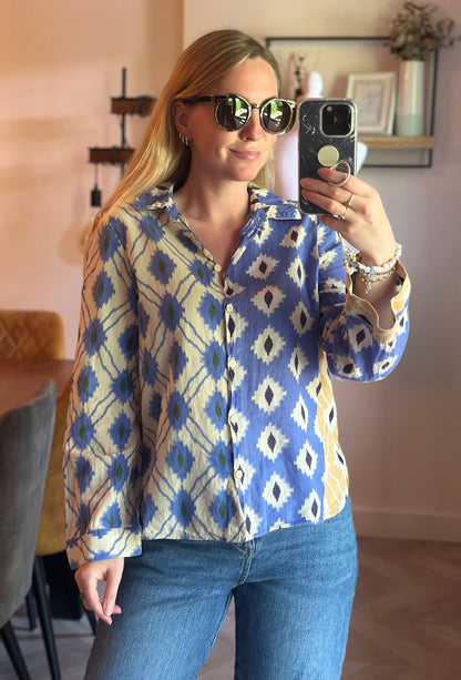 Chemise imprimé ethnique bleu & écru T.34