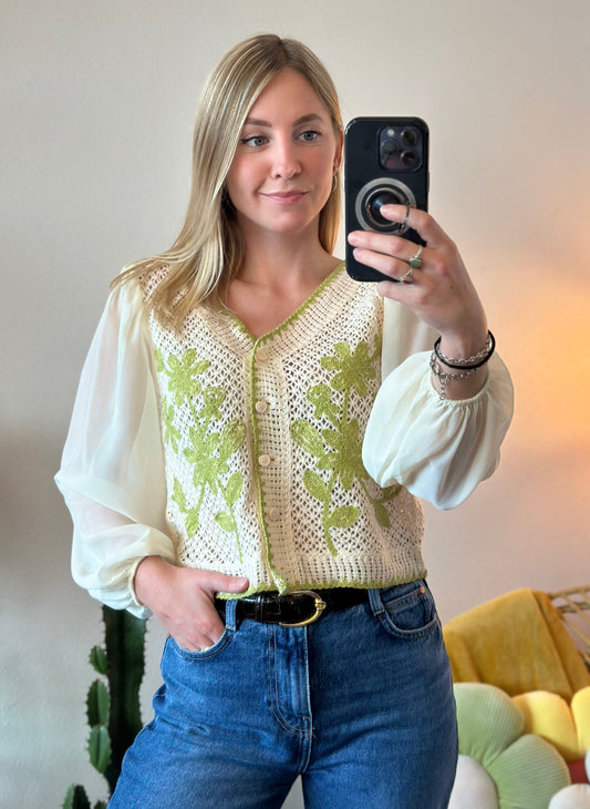 Top cardigan au crochet fleuri vert clair T.36