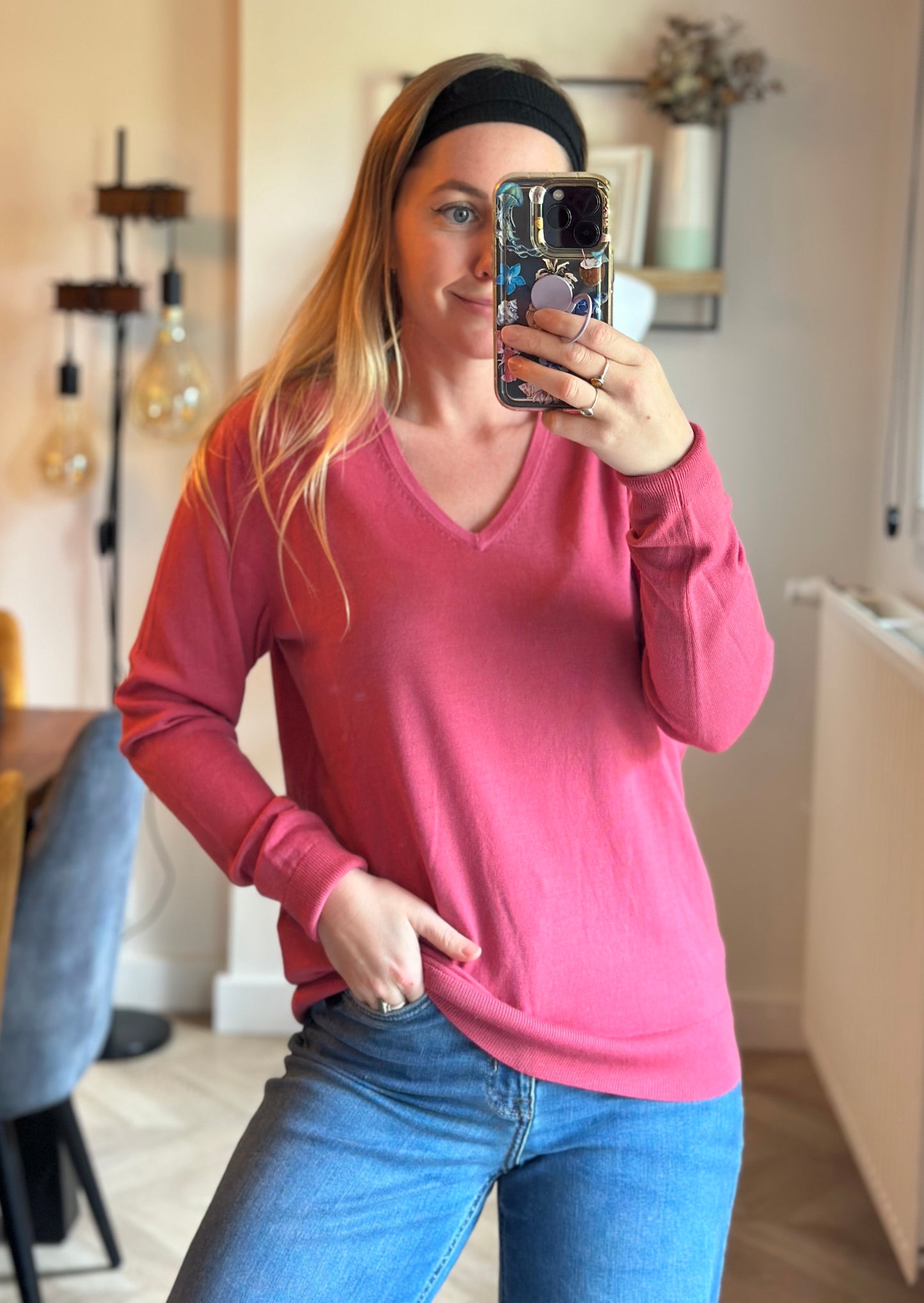 Pull rose col V 100% laine T.38