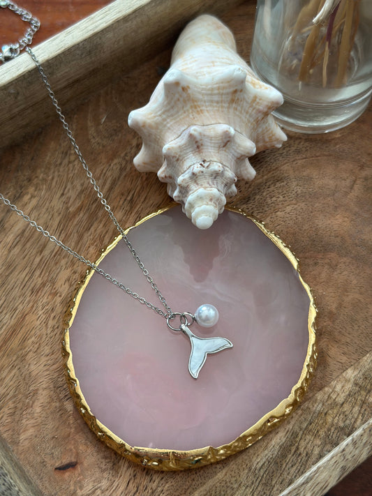 Collier queue de sirène argentée & perle – Neuf
