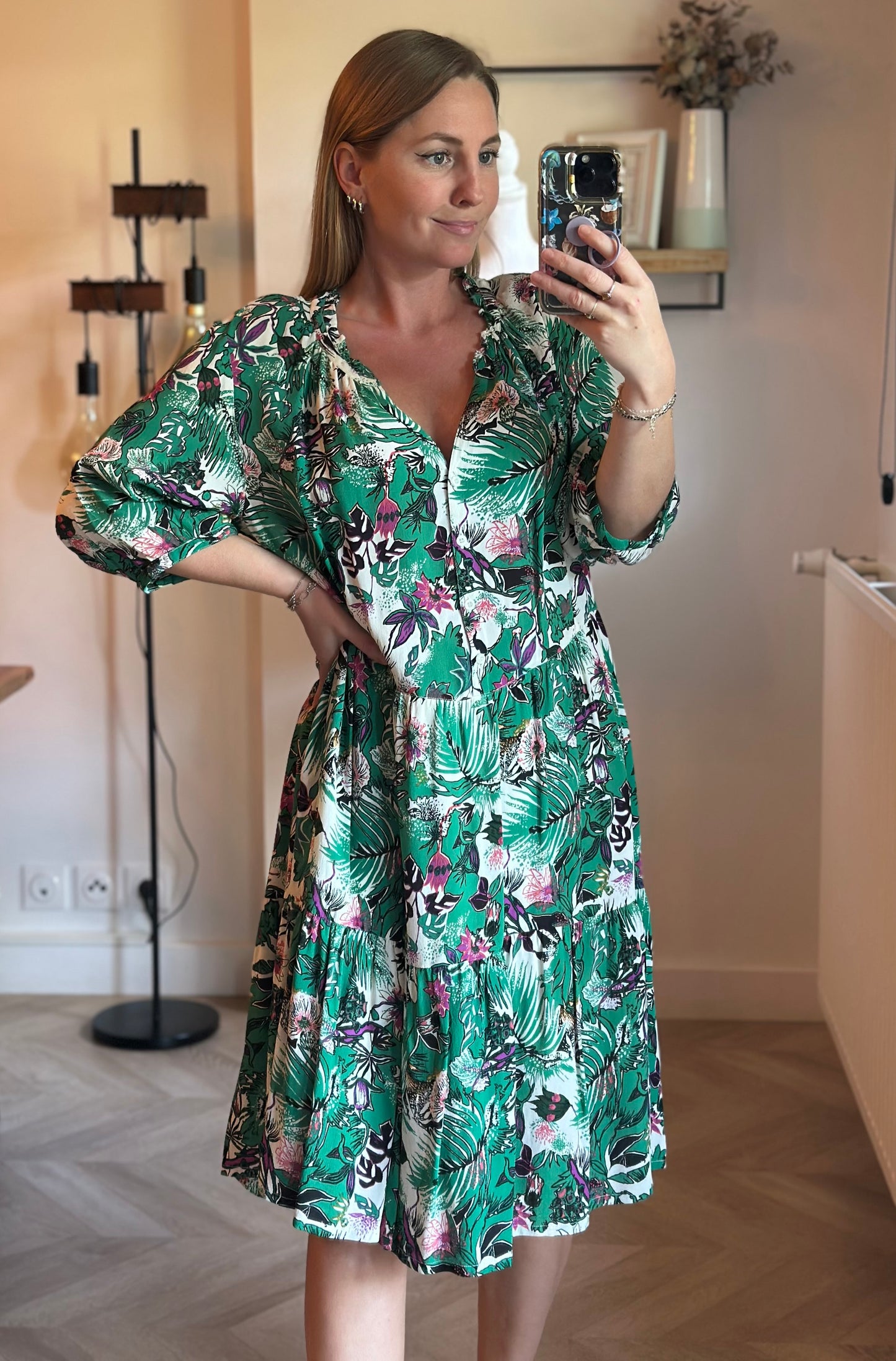 Robe imprimé fleuri végétal vert T.42