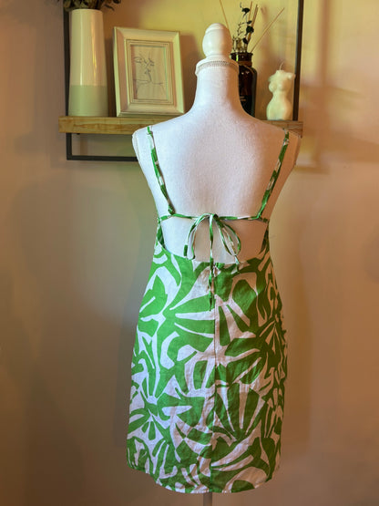 Robe dos nu imprimé tropical vert blanc en lin Made in Italy T.36