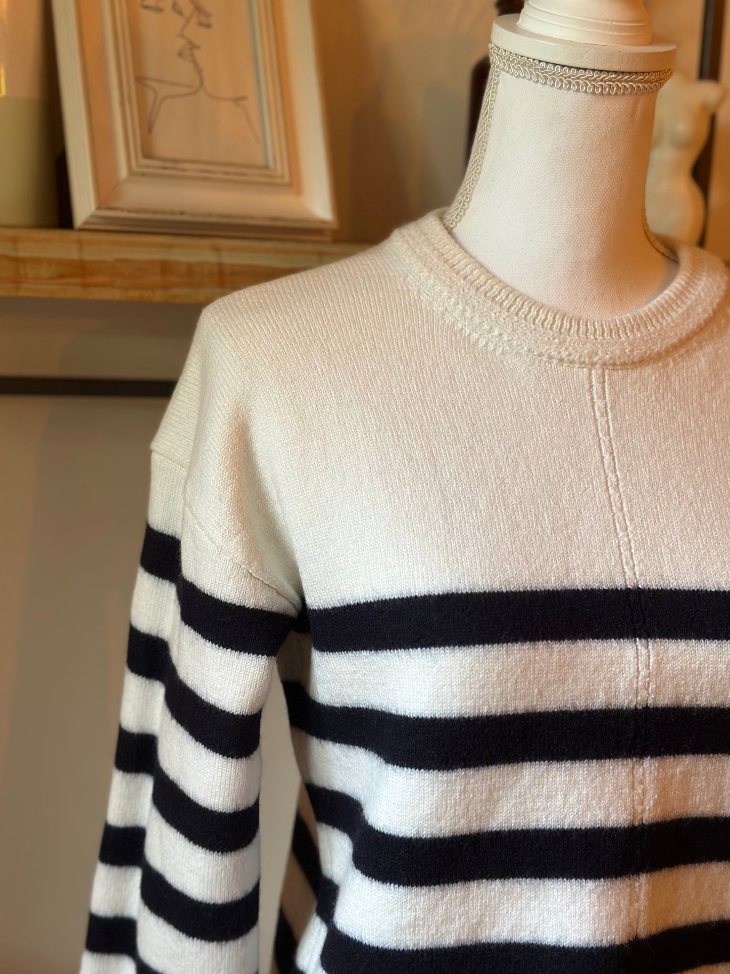 Pull marinière laine mérinos écru rayures noires modèle Bastien T.36