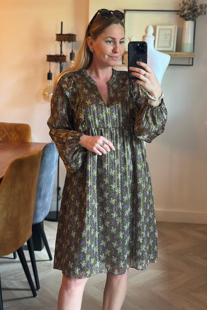 Robe bohème à fleurs kaki et violettes T.38