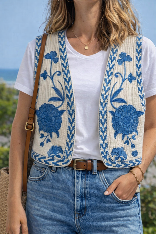 Gilet sans manches beige, broderies florales T.36