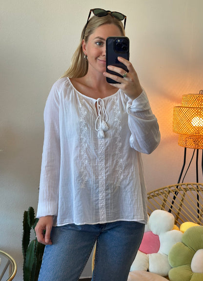 Blouse blanche bohème avec broderies fleuries, T.36 oversize