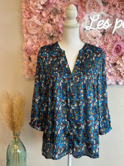 Blouse satinée bleue imprimée fleurs bohème, T.38