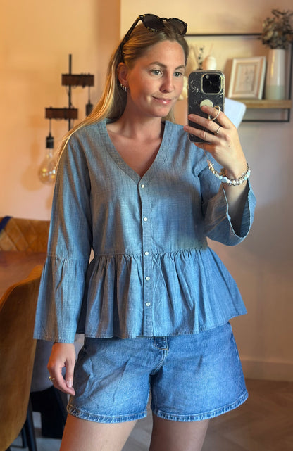 Blouse péplum en coton effet chambray T.34 neuve sans étiquette