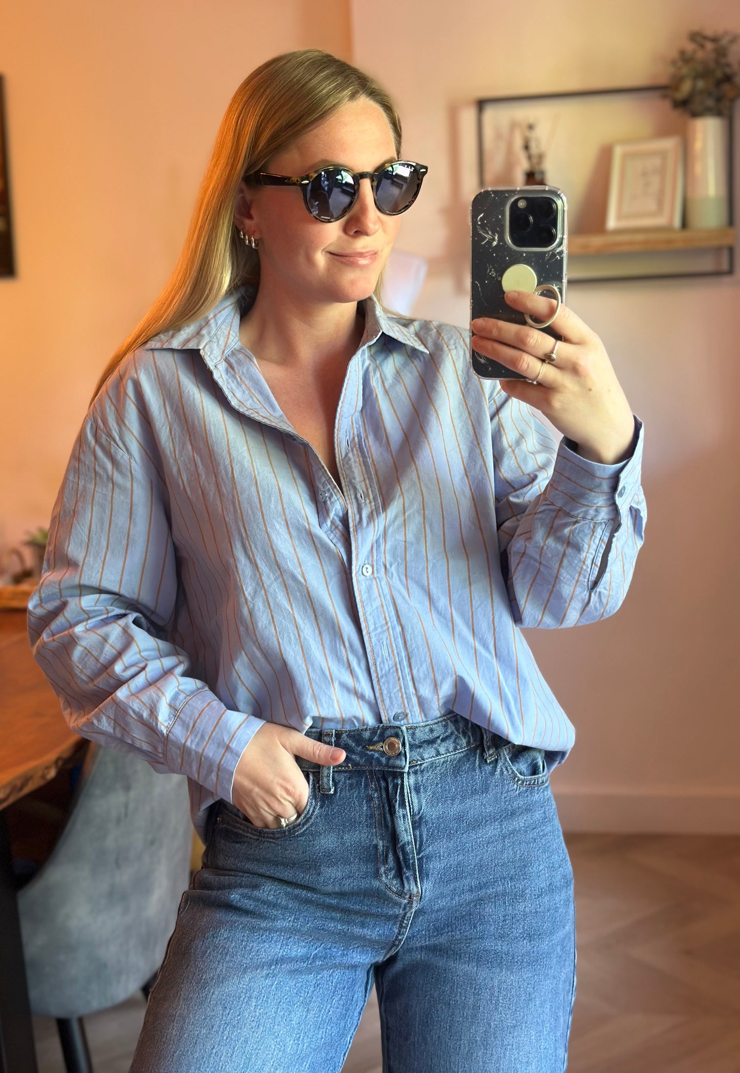 Chemise rayée bleu ciel et camel en coton bio T.34 oversize