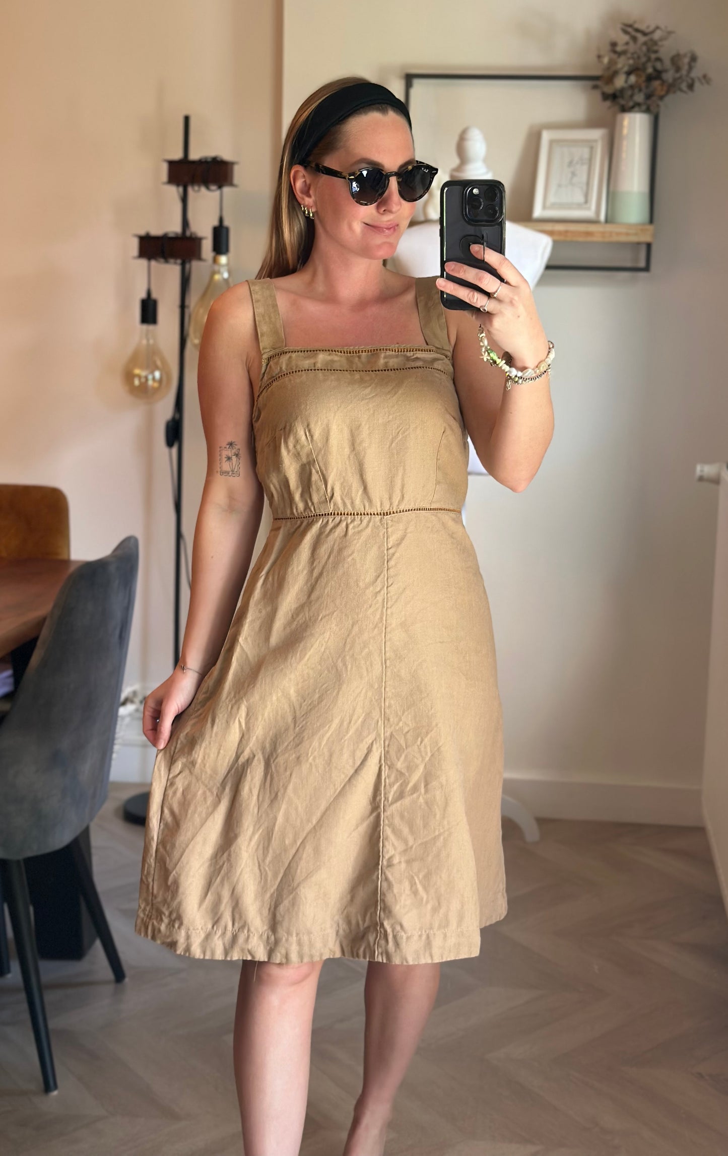Robe mi-longue lin beige Caroll bretelles larges coupe fluide - taille 38