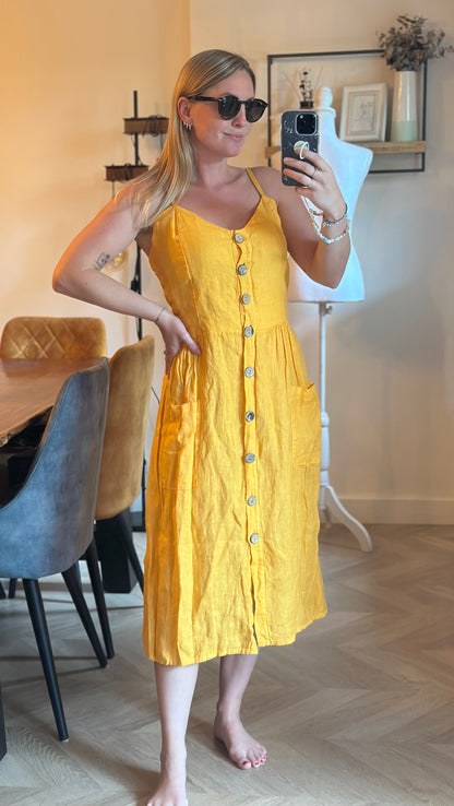 Robe midi jaune en lin boutons – T.38/40