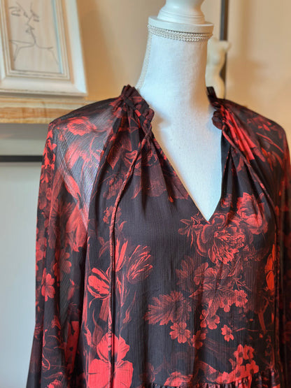 Robe fluide fleurie noir & rouge T.38