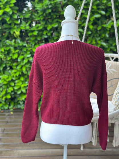 Gilet court maille bordeaux boutons bijoux dorés T.U (34 au 40)