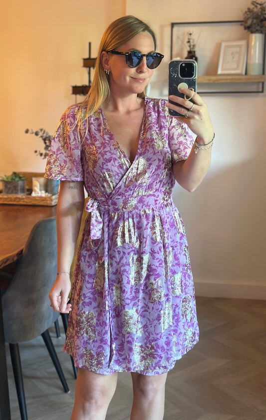 Robe portefeuille imprimé mauve et doré T.34