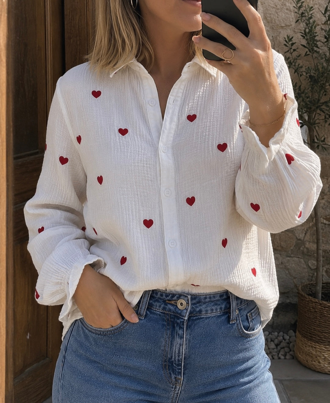 Chemise en gaze de coton brodée cœurs T.36/38