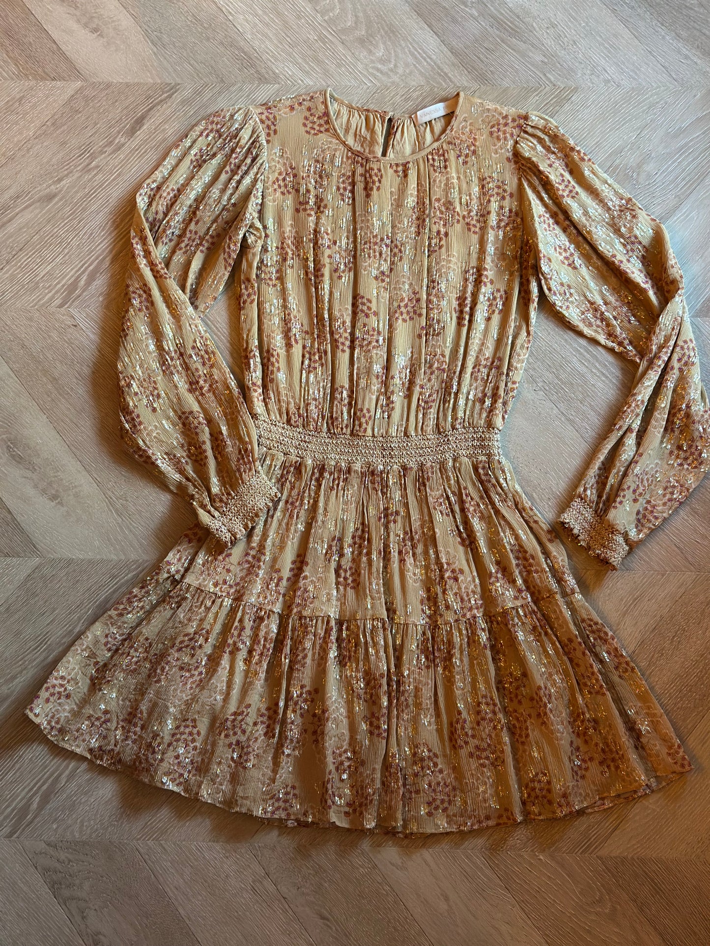 Robe midi imprimé fleuri beige nude et lurex doré taille 34