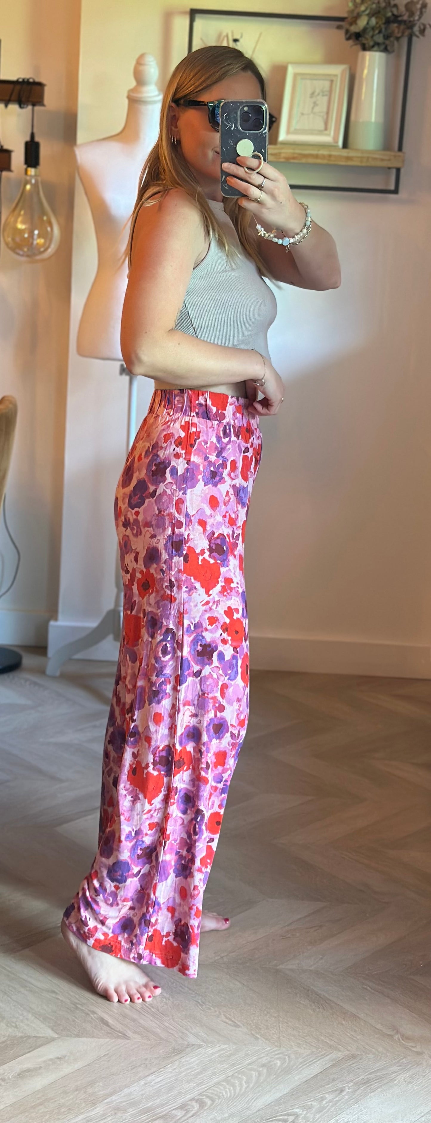 Pantalon fluide large fleuri rose violet neuf T.34