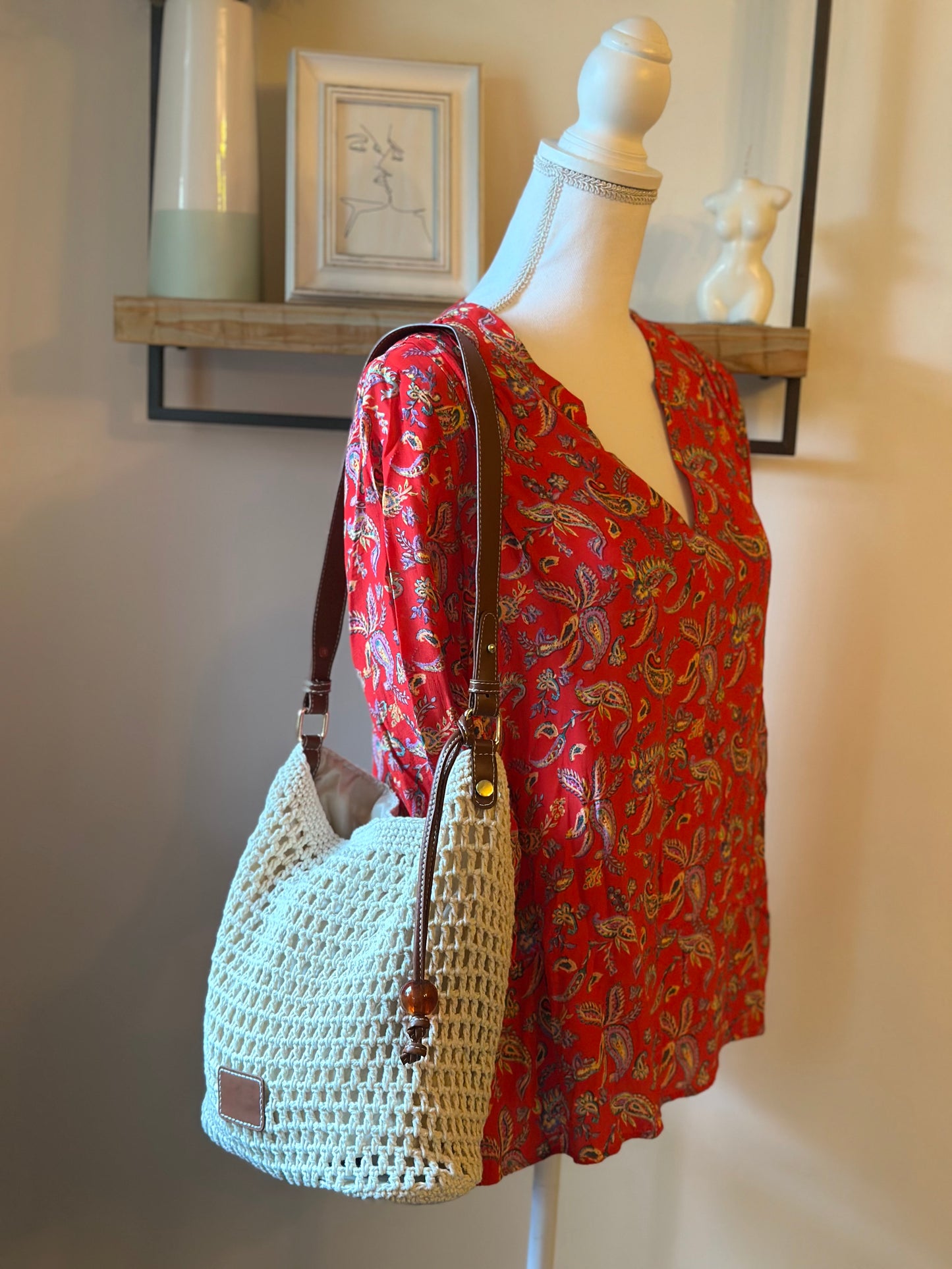 Sac bandoulière tressé crème et marron – Neuf