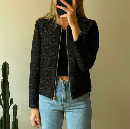 Veste zippée noire à sequins discrets T.40