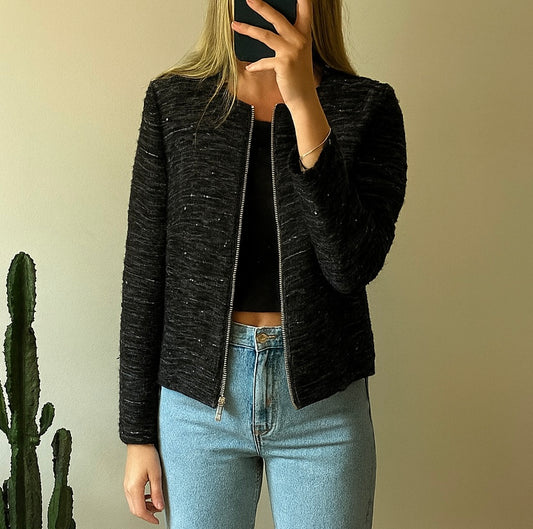 Veste zippée noire à sequins discrets T.40