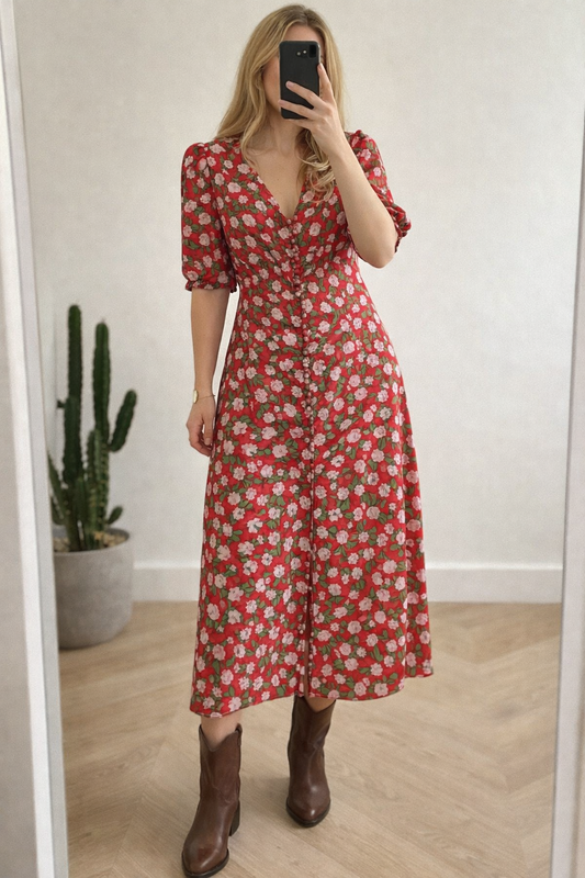 Robe longue fleurie rouge en soie T.36