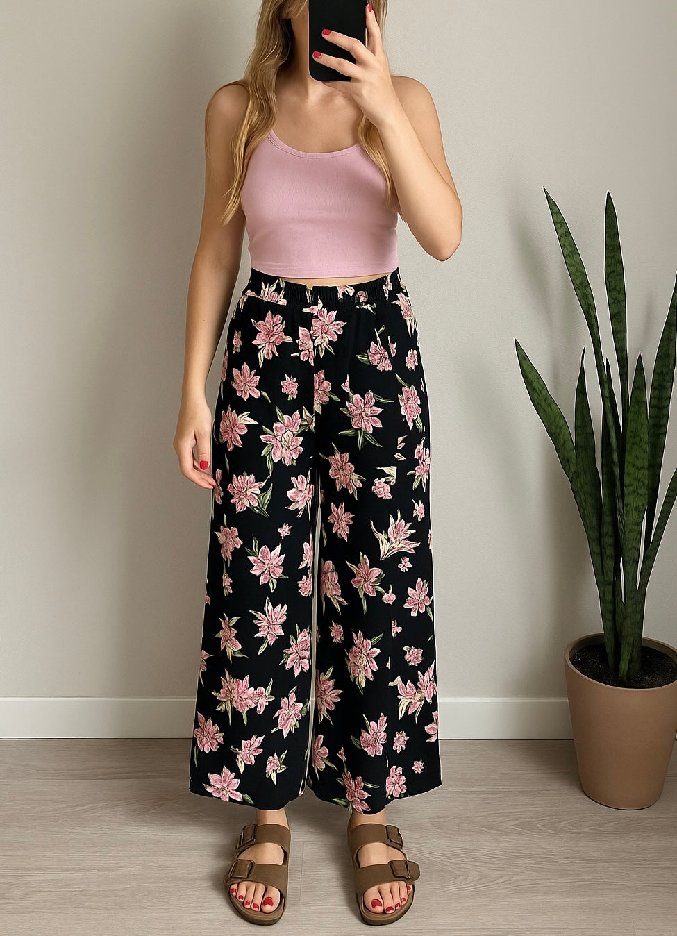 Pantalon d’été fluide fleuri rose clair T.36