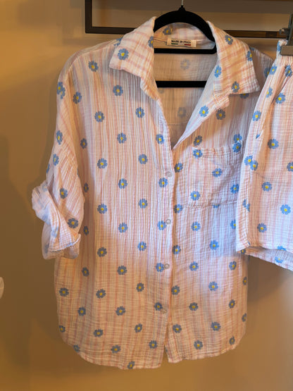 Ensemble 2 pièces imprimé fleurs en gaze de coton Made in Italy T.U