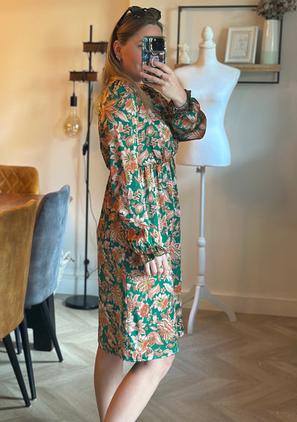 Robe fluide fleurie verte & terracotta T.38/40