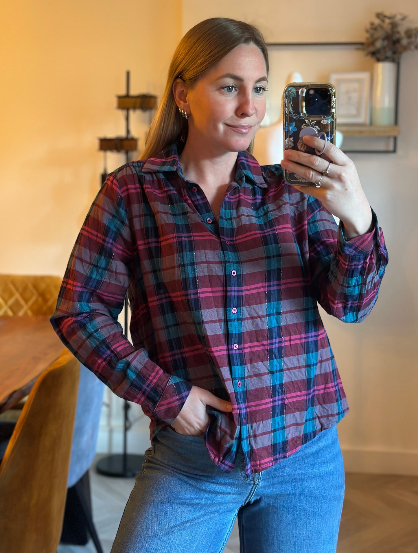 Chemise à carreaux rouge rose bleu lurex en coton T.36