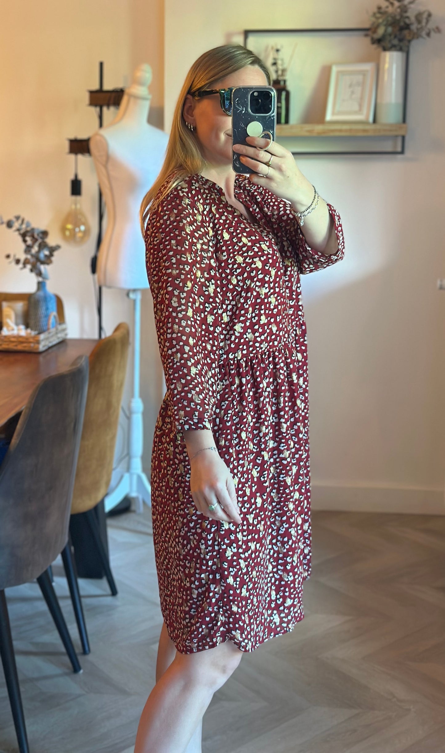 Robe fluide imprimé léopard bordeaux col V manches 3/4 T.42