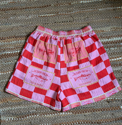 Short fluide imprimé carreaux rouge et rose viscose T.U