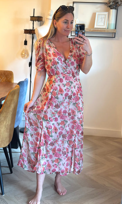 Robe longue fleurie à fils lurex T.38