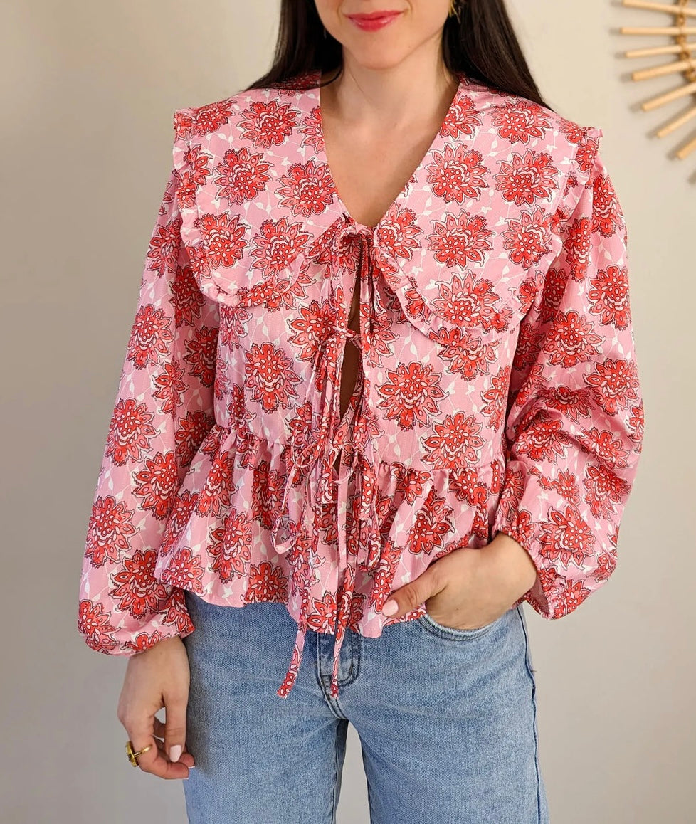 Blouse oversize rose et rouge imprimé fleuri taille Unique