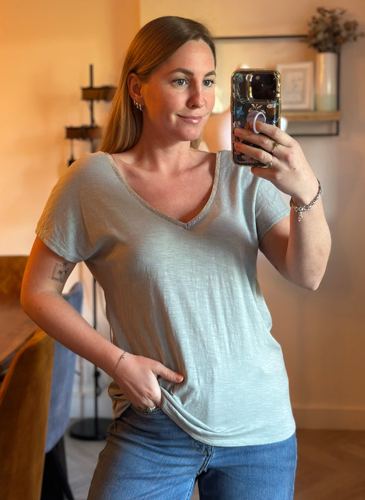 T-shirt col V strass argenté vert d’eau T.40