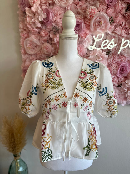 Blouse bohème à imprimé fleuri et trois nœuds, T.36