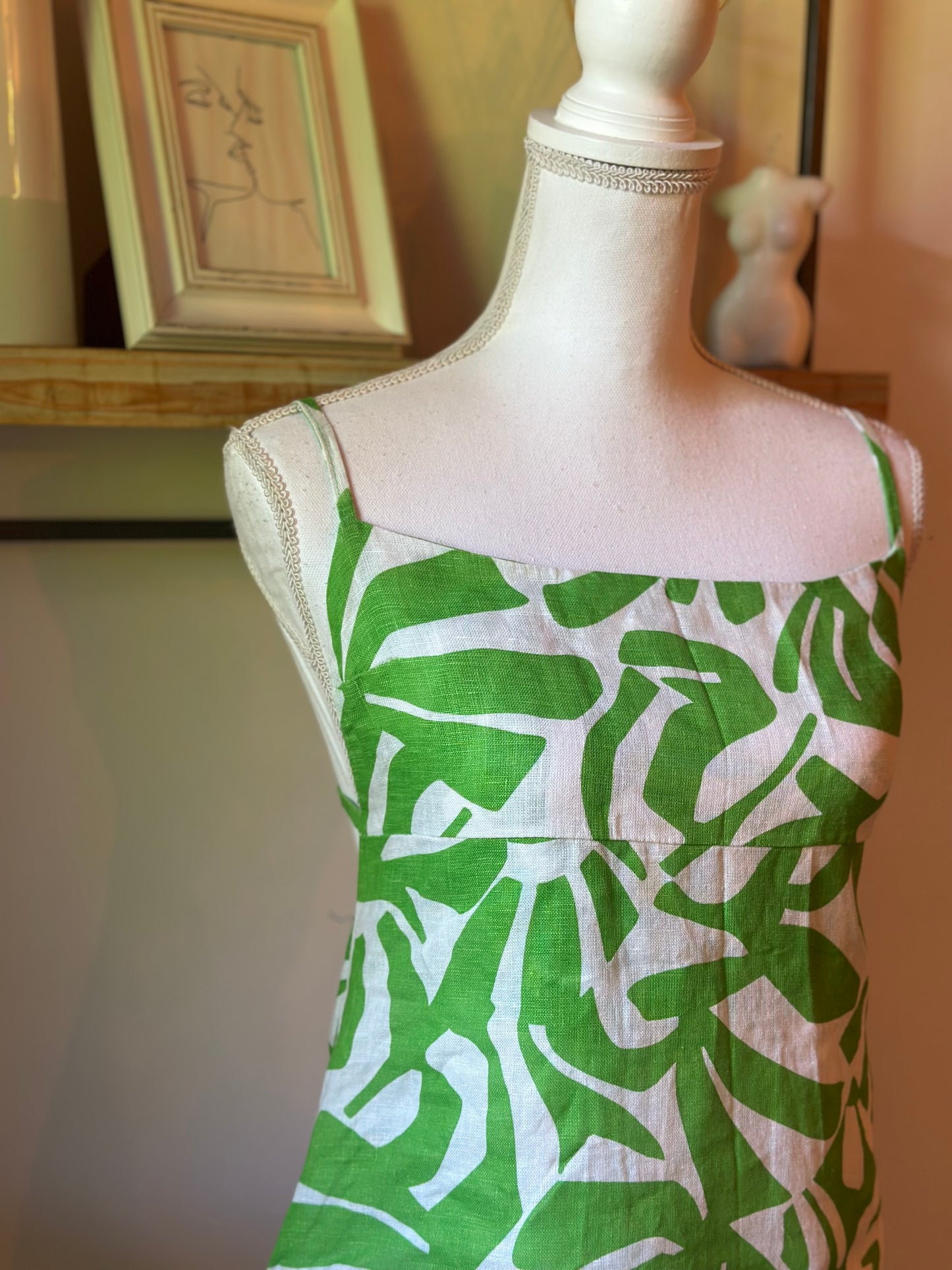Robe dos nu imprimé tropical vert blanc en lin Made in Italy T.36