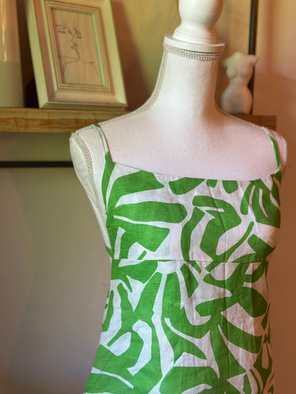 Robe dos nu imprimé tropical vert blanc en lin Made in Italy T.36