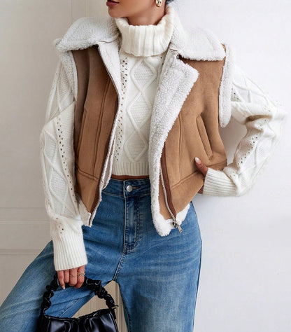 Veste sans manches style peau retournée beige et écru T.34