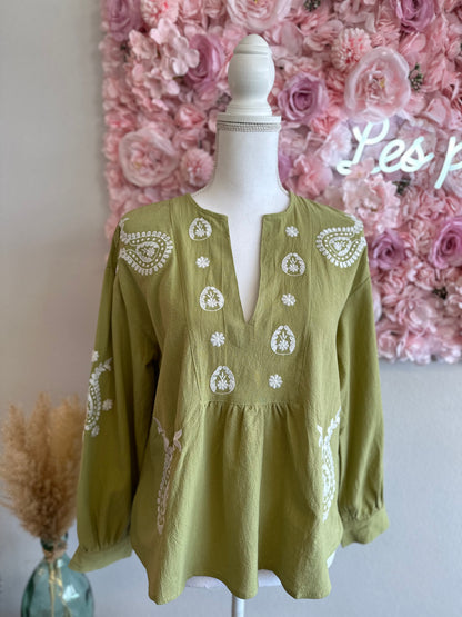 Blouse bohème verte en gaze de coton, broderie florale blanche, T.36