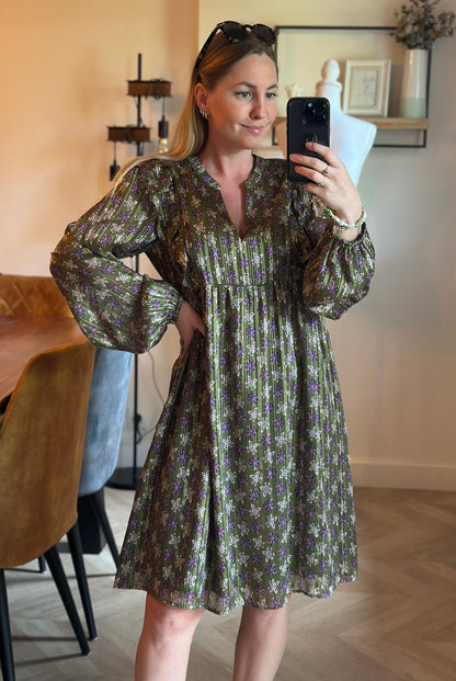 Robe bohème à fleurs kaki et violettes T.38