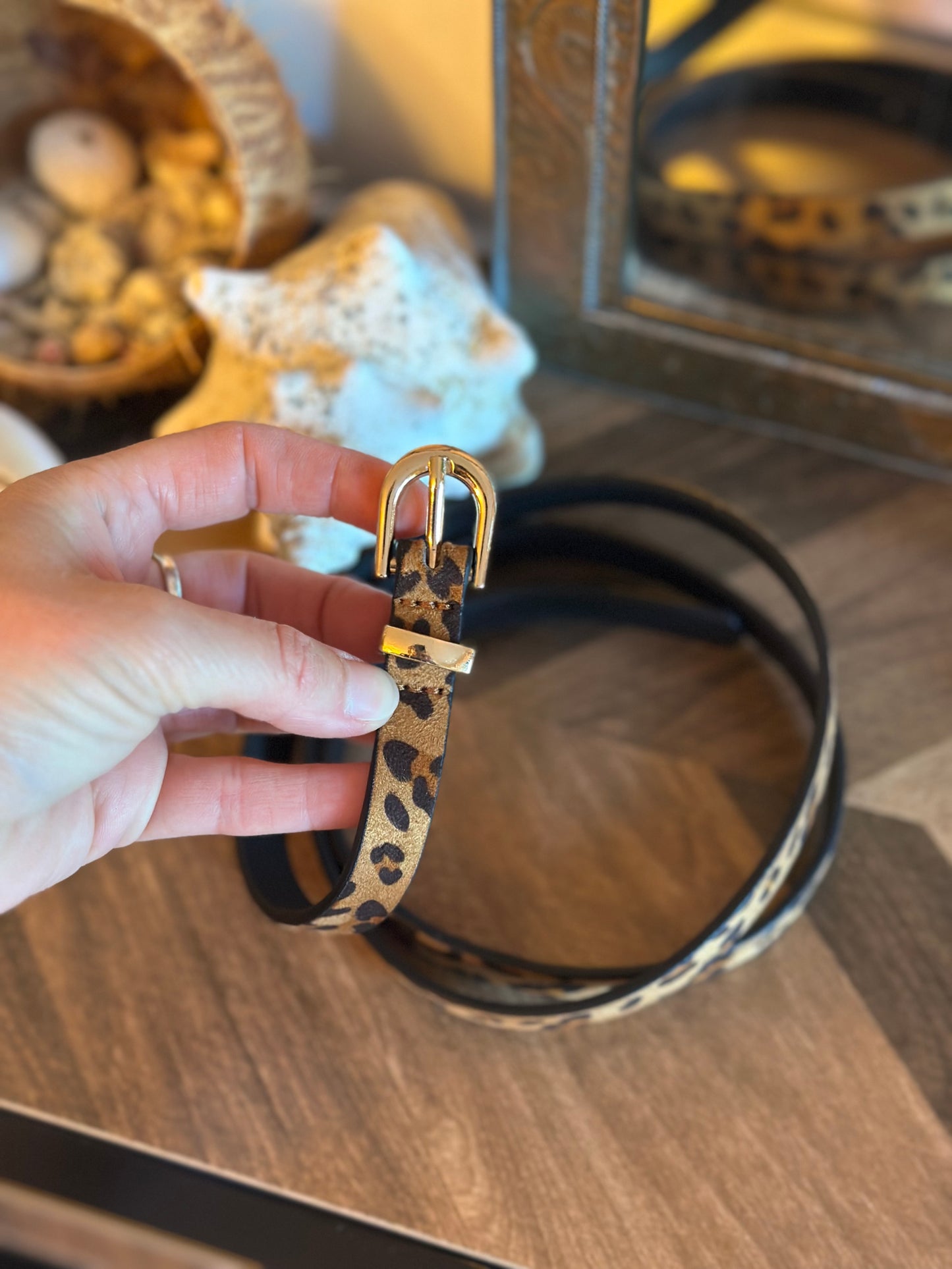 Ceinture léopard ajustable – boucles dorées, 105 cm