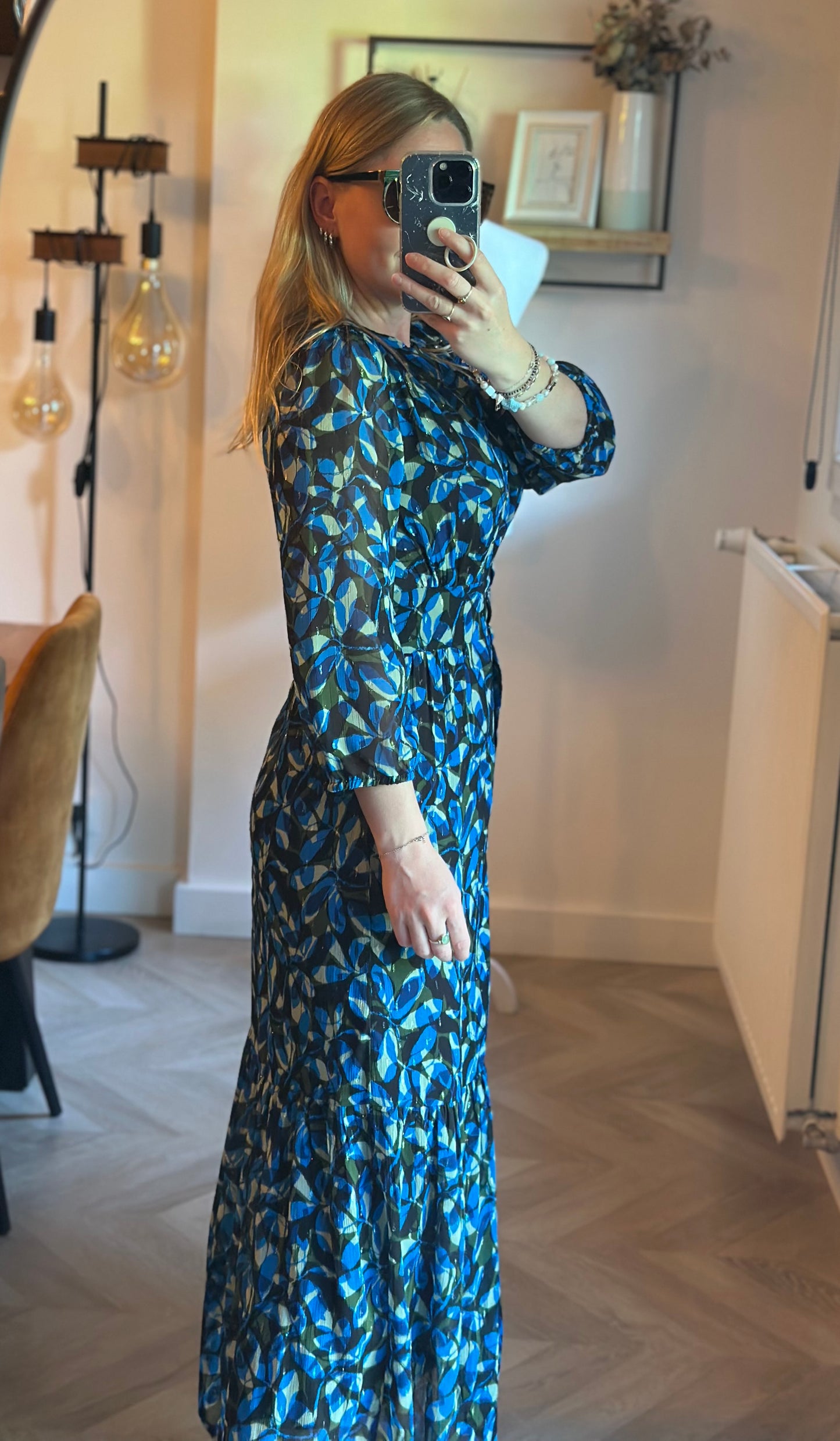 Robe longue imprimé graphique bleu neuve avec étiquette T.34